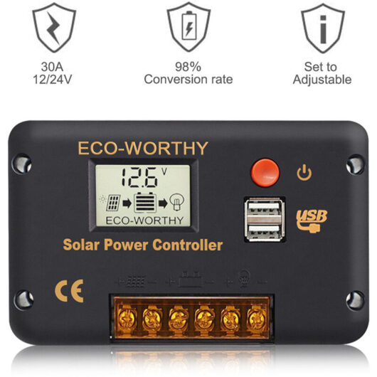 Eco-worthy - 30A 12V/24V Solar Charge Controller Intelligent Regulator with Dual usb Port Solar Battery Controller lcd Display