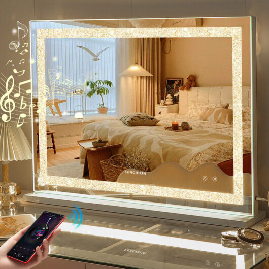 Fenchilin - Hollywood Mirror with Crushed Crystal Lights and Music Speaker Large Vanity Mirror with Dimmable led Lightstrip 3 Color Modes Vanity