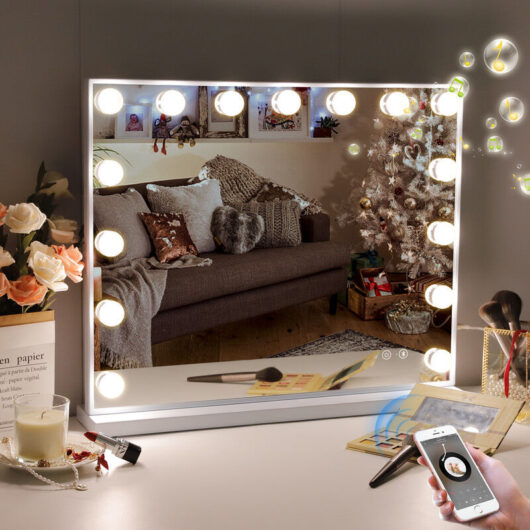 Fenchilin - Vanity Mirror with Lights and Bluetooth Speaker Makeup Mirror Lighted Hollywood Mirror with 15 Dimmable led Bulbs usb Charge Port, 3