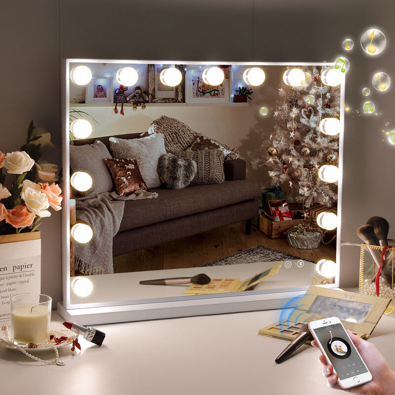 Fenchilin - Vanity Mirror with Lights and Bluetooth Speaker Makeup Mirror Lighted Hollywood Mirror with 15 Dimmable led Bulbs usb Charge Port, 3